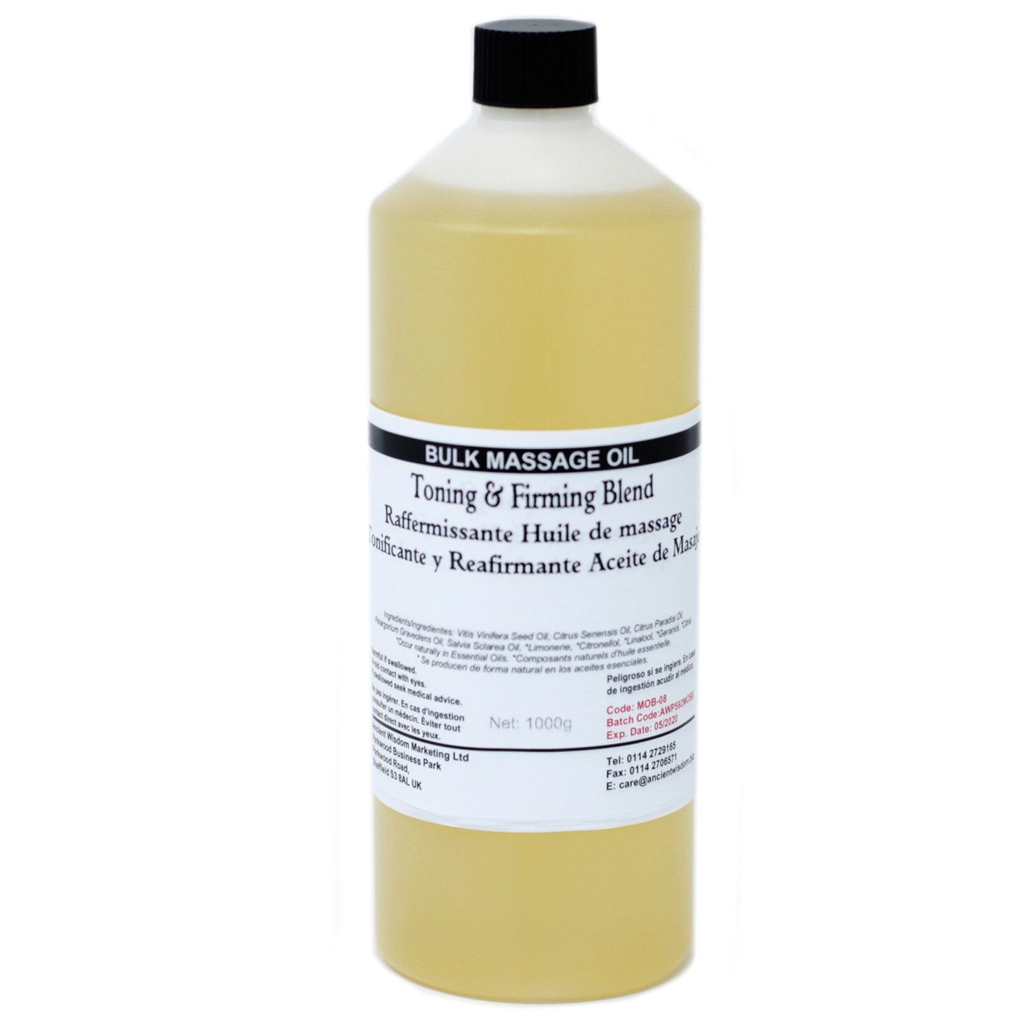 Aceite de masaje reafirmante y tonificante, color amarillo claro, 1000 ml, ideal para spa y tratamientos de belleza.