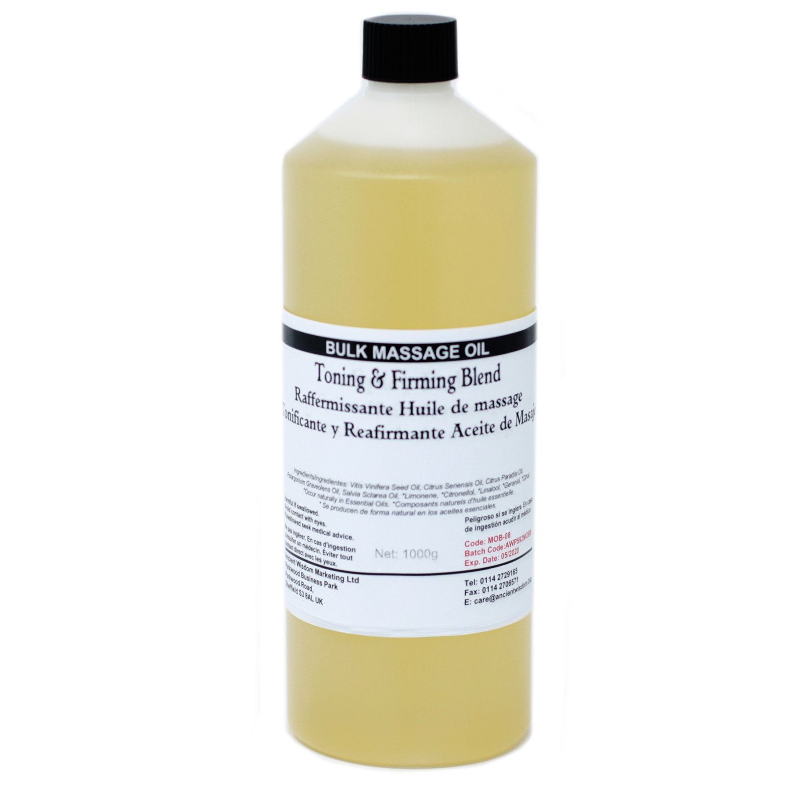 Aceite de masaje reafirmante y tonificante, color amarillo claro, 1000 ml, ideal para spa y tratamientos de belleza.