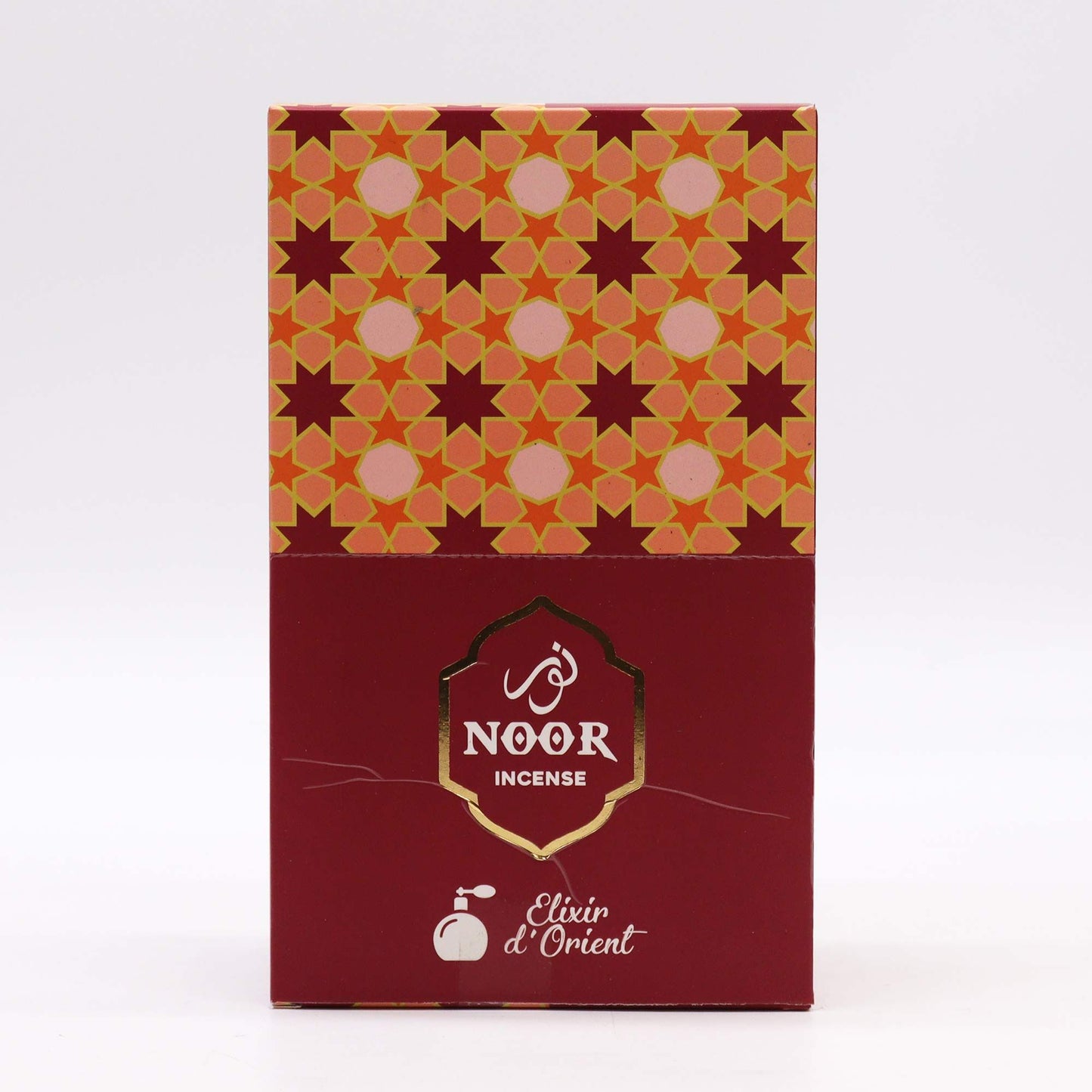 Incienso Noor en caja roja y dorada con diseño geométrico, 100% natural, aroma oriental.