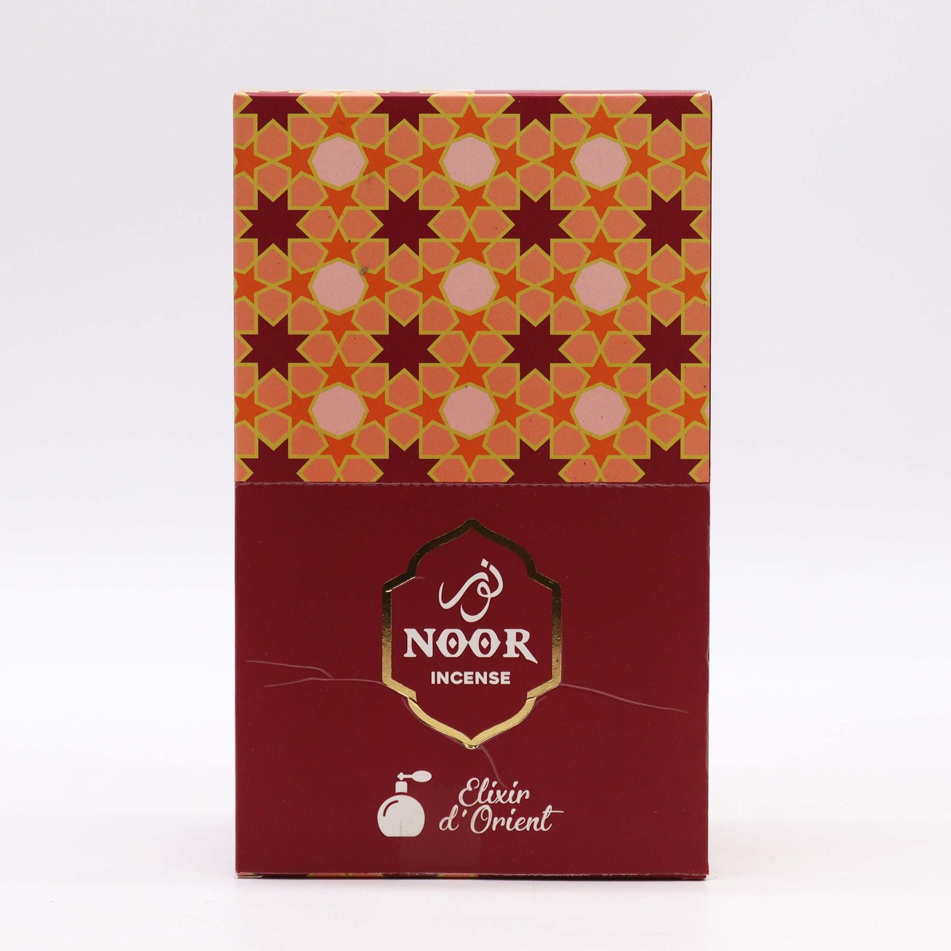 Incienso Noor en caja roja y dorada con diseño geométrico, 100% natural, aroma oriental.