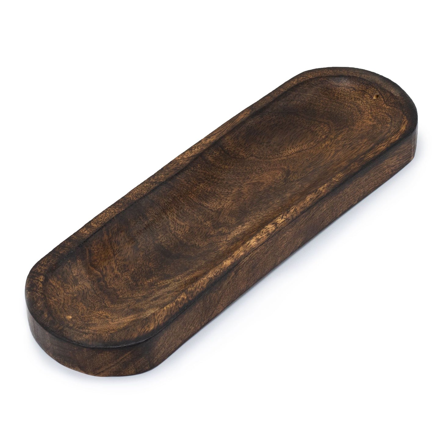 Bandeja alargada de madera oscura, diseño elegante y natural, ideal para decoraciones y servir aperitivos.