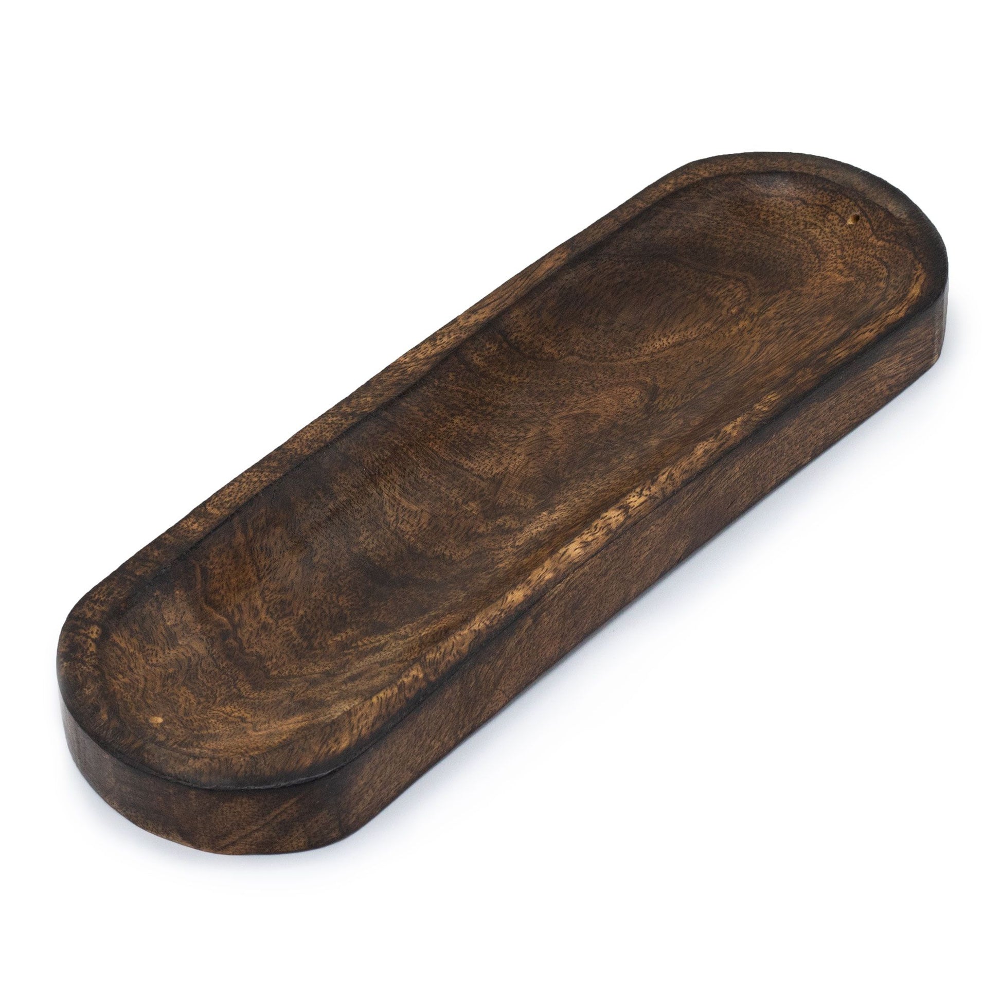 Bandeja alargada de madera oscura, diseño elegante y natural, ideal para decoraciones y servir aperitivos.