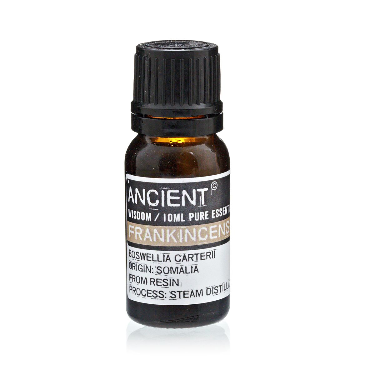 Aceite esencial de incienso 10ml, color ámbar, botella de vidrio, destilado de resina de Boswellia carterii.
