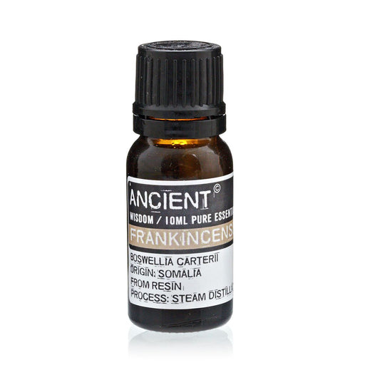 Aceite esencial de incienso 10ml, color ámbar, botella de vidrio, destilado de resina de Boswellia carterii.