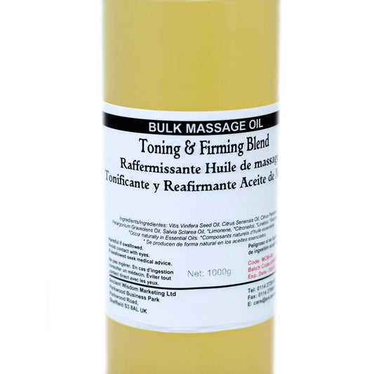 Aceite de masaje tonificante y reafirmante, color amarillo, contiene aceite de semillas de uva y limón, 1000g.