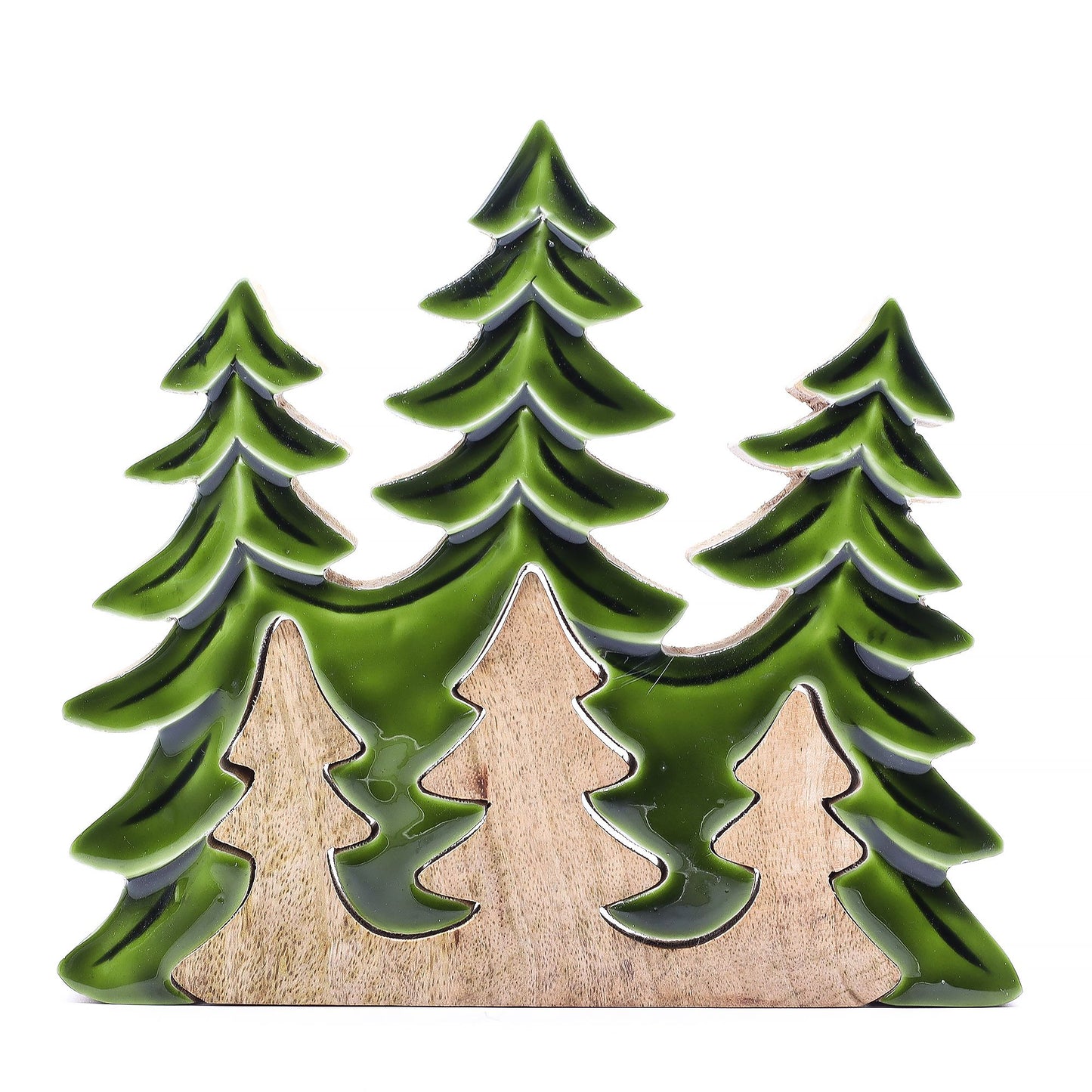Adorno de madera y resina verde en forma de pinos, ideal para decoración de interiores y el hogar.