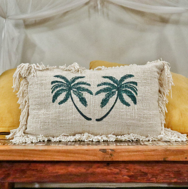 Funda de Cojín de Lino 30x50 Palmera con Flecos