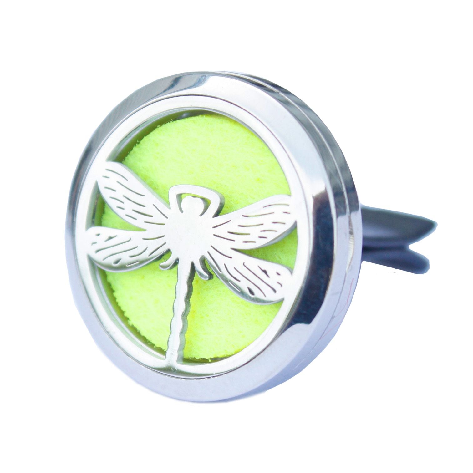 Difusor de coche plateado de 30mm con diseño de libélula y almohadilla interior de fieltro en color verde lima.