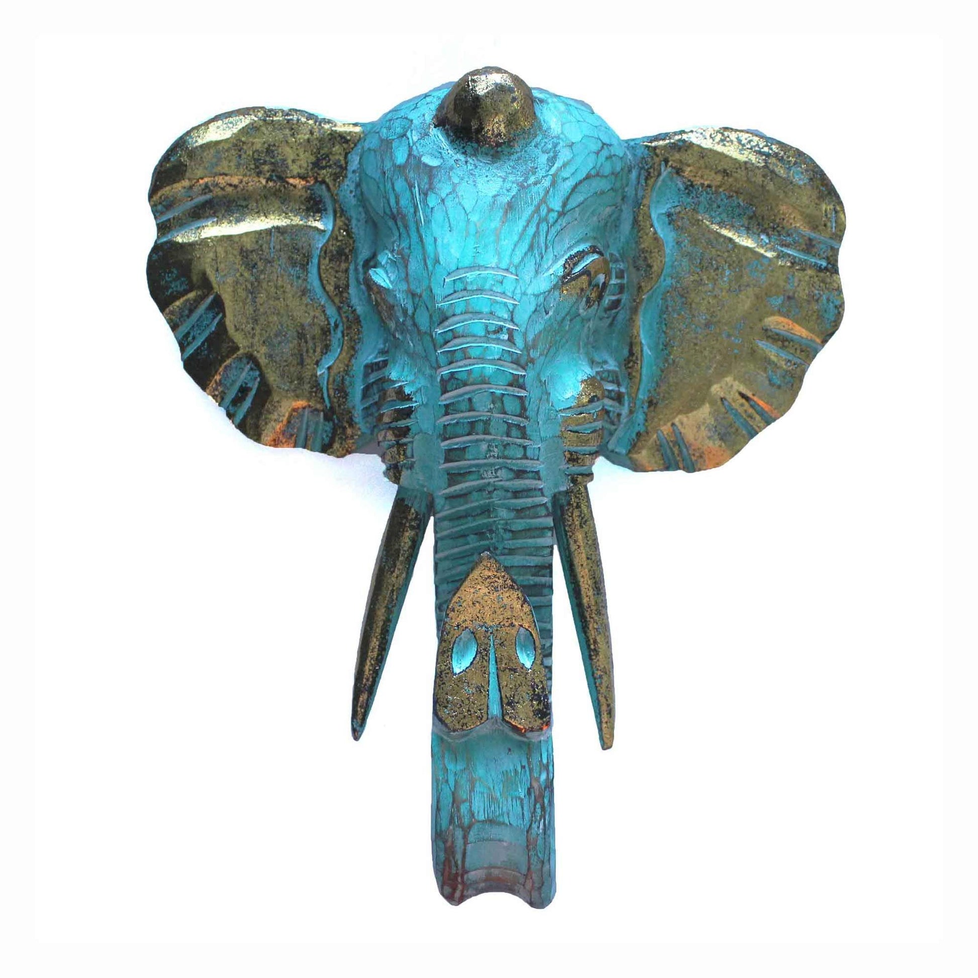 Cabeza de elefante decorativa en tonos azules y dorados, hecha de metal con un estilo bohemio y vintage.