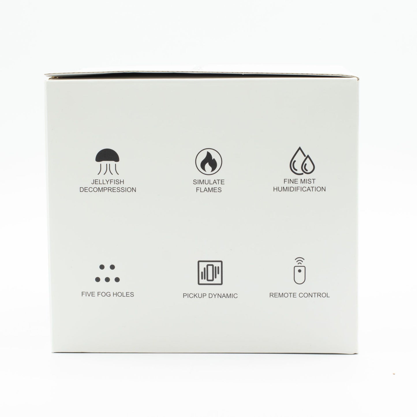 Caja blanca con seis iconos negros que detallan las funciones del difusor: efecto medusa, llama, niebla y mando.