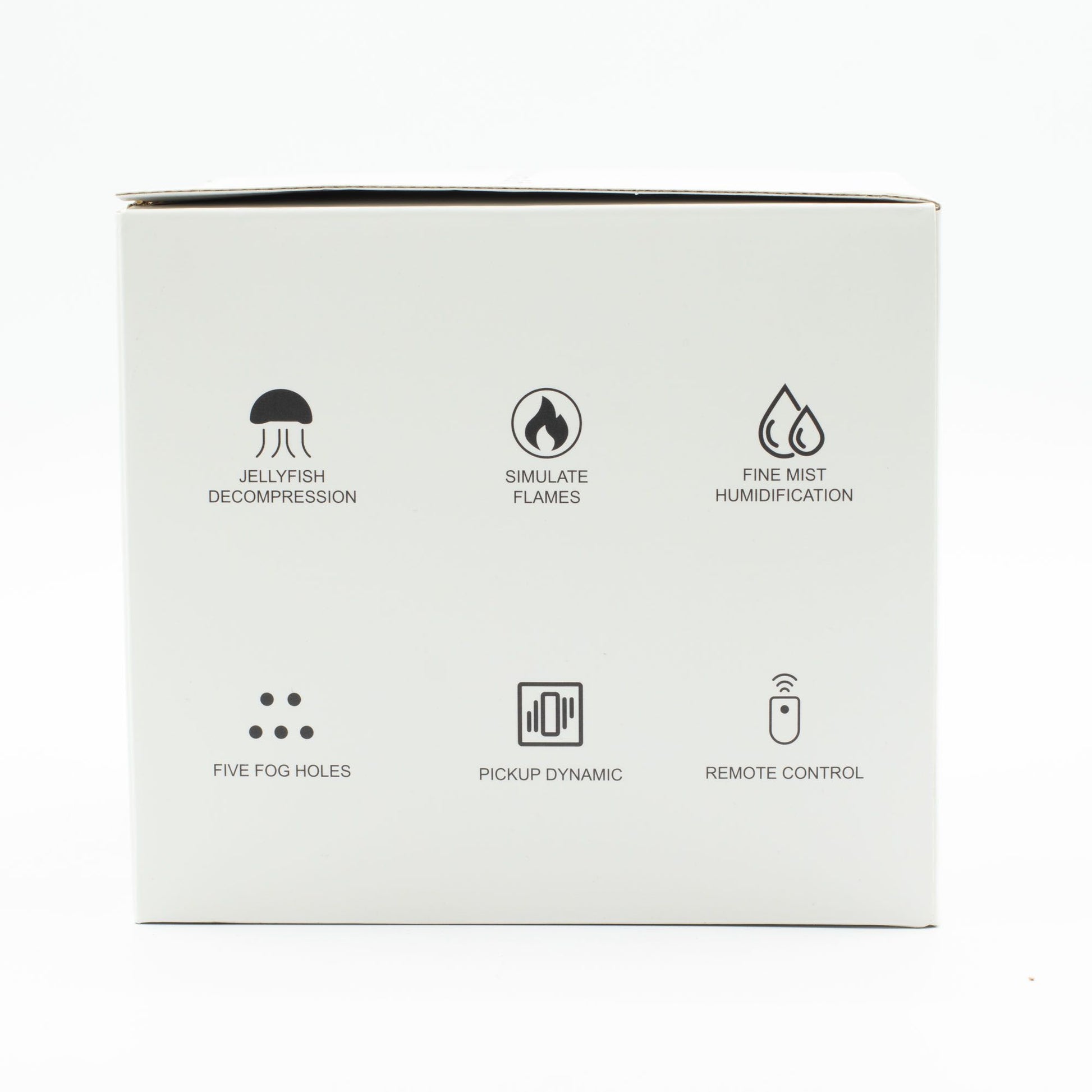 Caja blanca con seis iconos negros que detallan las funciones del difusor: efecto medusa, llama, niebla y mando.