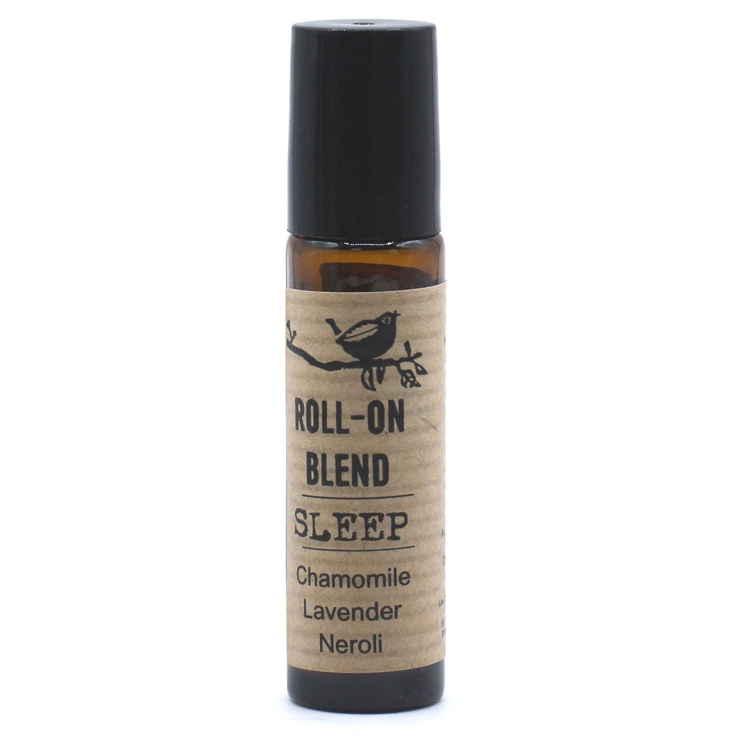 Frasco ámbar roll-on (10ml) con etiqueta artesanal de papel kraft, logo de pájaro y texto: "Roll-on Blend Sleep".
