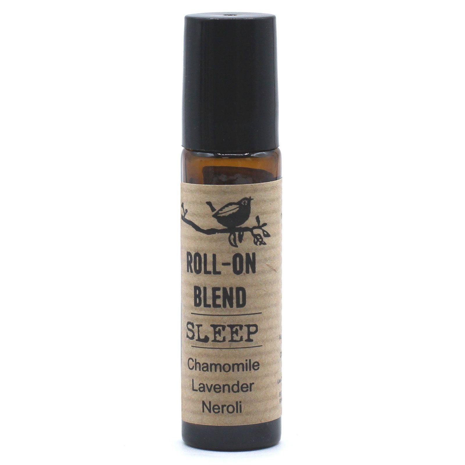 Frasco ámbar roll-on (10ml) con etiqueta artesanal de papel kraft, logo de pájaro y texto: "Roll-on Blend Sleep".