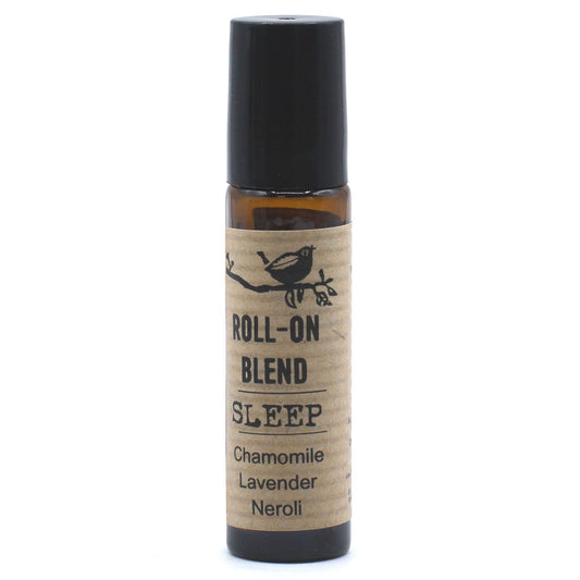 Frasco ámbar roll-on (10ml) con etiqueta artesanal de papel kraft, logo de pájaro y texto: "Roll-on Blend Sleep".