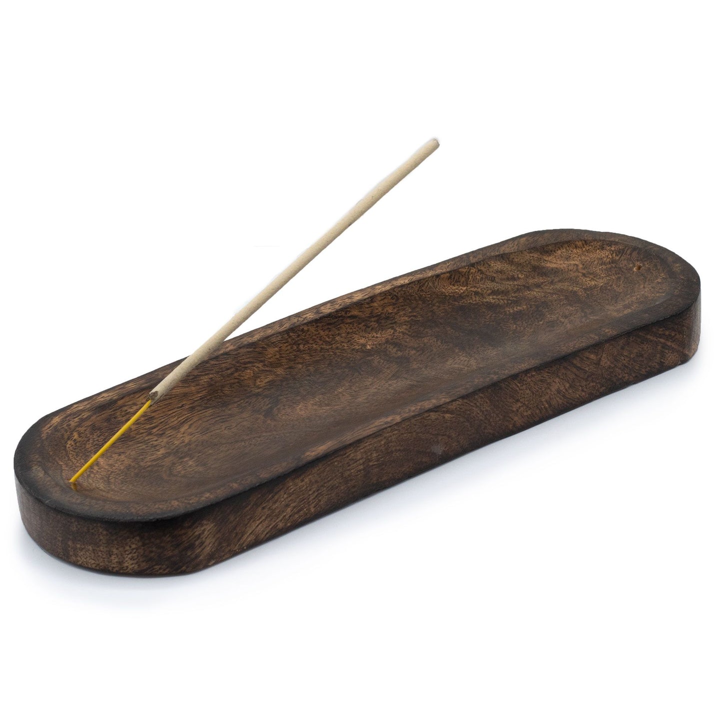 Portaincienso de madera oscura ovalado con varilla amarilla, estilo rústico y elegante, ideal para decoración.