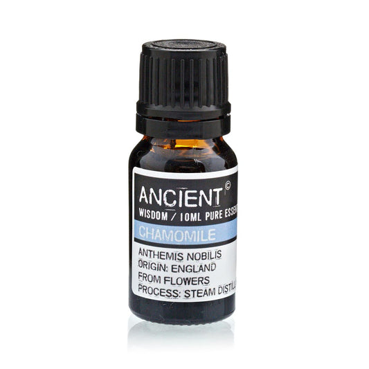 Aceite esencial de manzanilla, 10ml, color ámbar, frasco de vidrio con tapa negra, destilado al vapor.