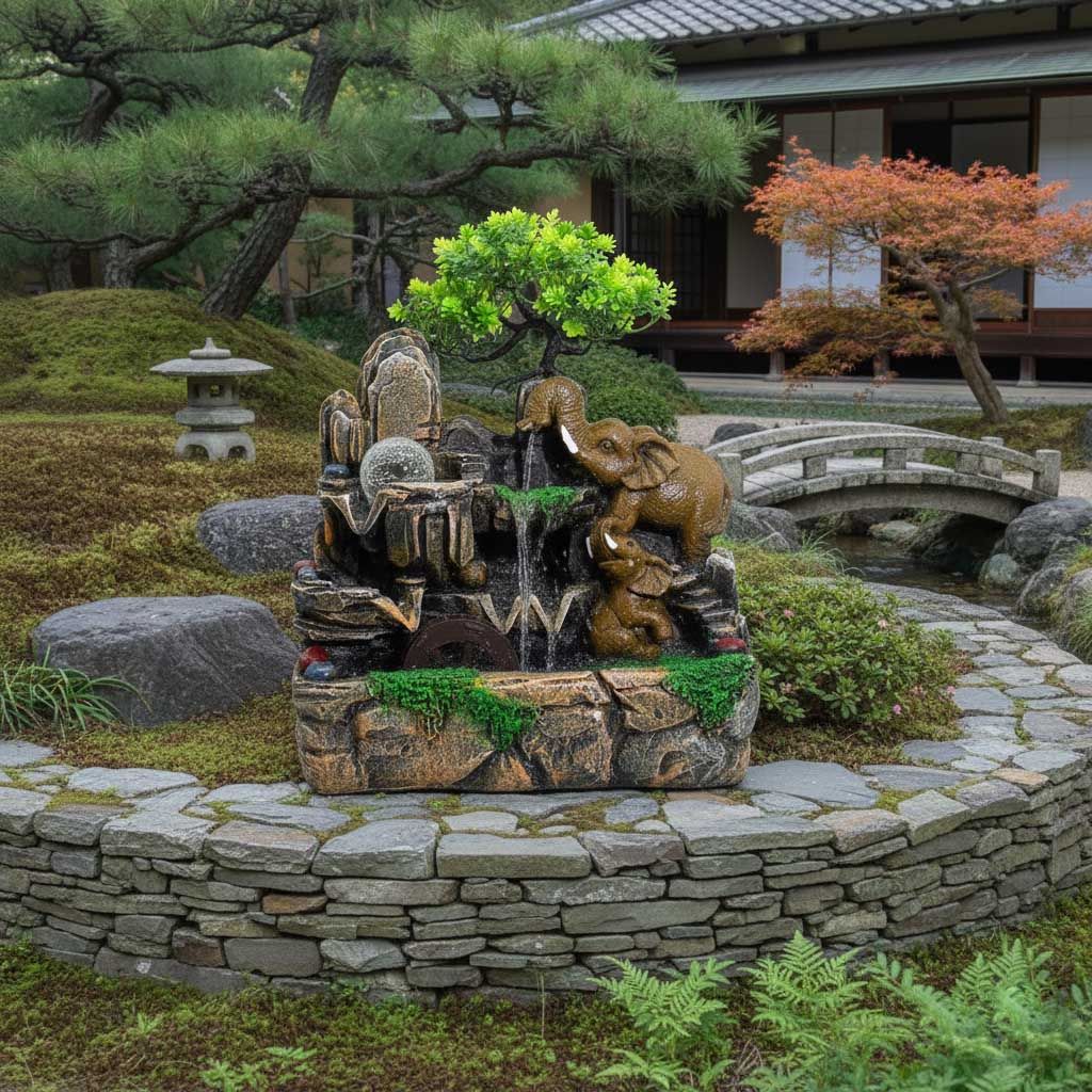 Fuente decorativa de jardín en piedra con elefantes, detalles verdes y acabados realistas, estilo oriental.