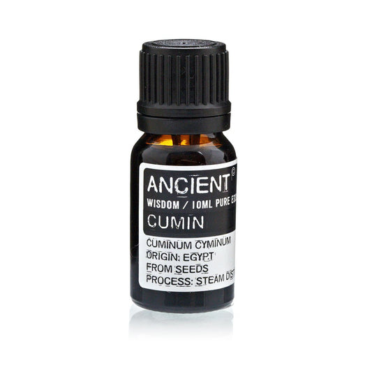 Aceite esencial de comino puro, de color ámbar, en botella de vidrio de 10ml, origen Egipto.