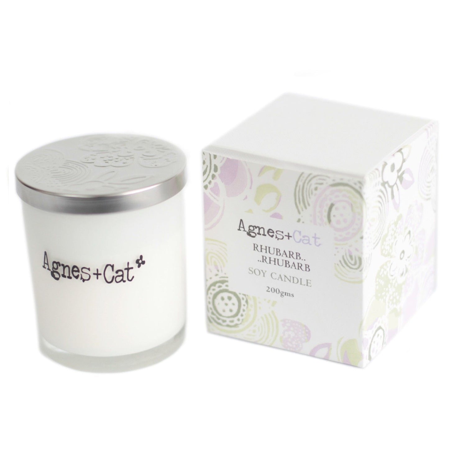 Velas de soya blancas, aroma a ruibarbo, frasco con tapa metálica, presentada en caja floral.