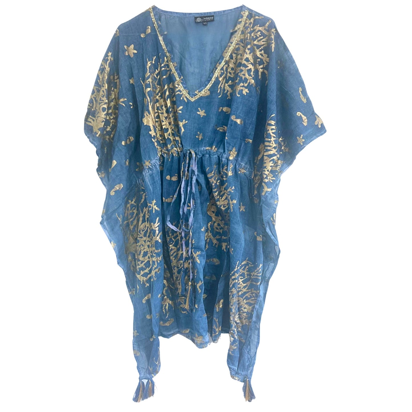 Colección Nómada Sari Mediterráneo - Kaftan - Diseño de Coral en Azul Marino y Oro