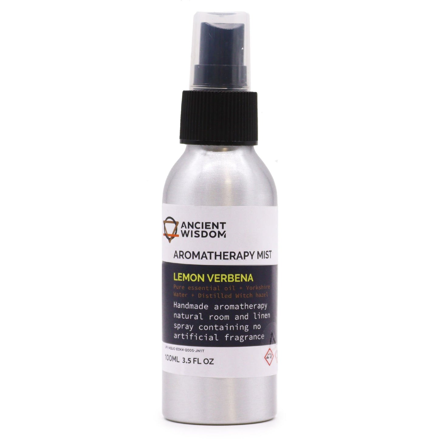 Bruma aromática de verbena de limón en frasco de metal plateado, 100 ml, sin fragancias artificiales.