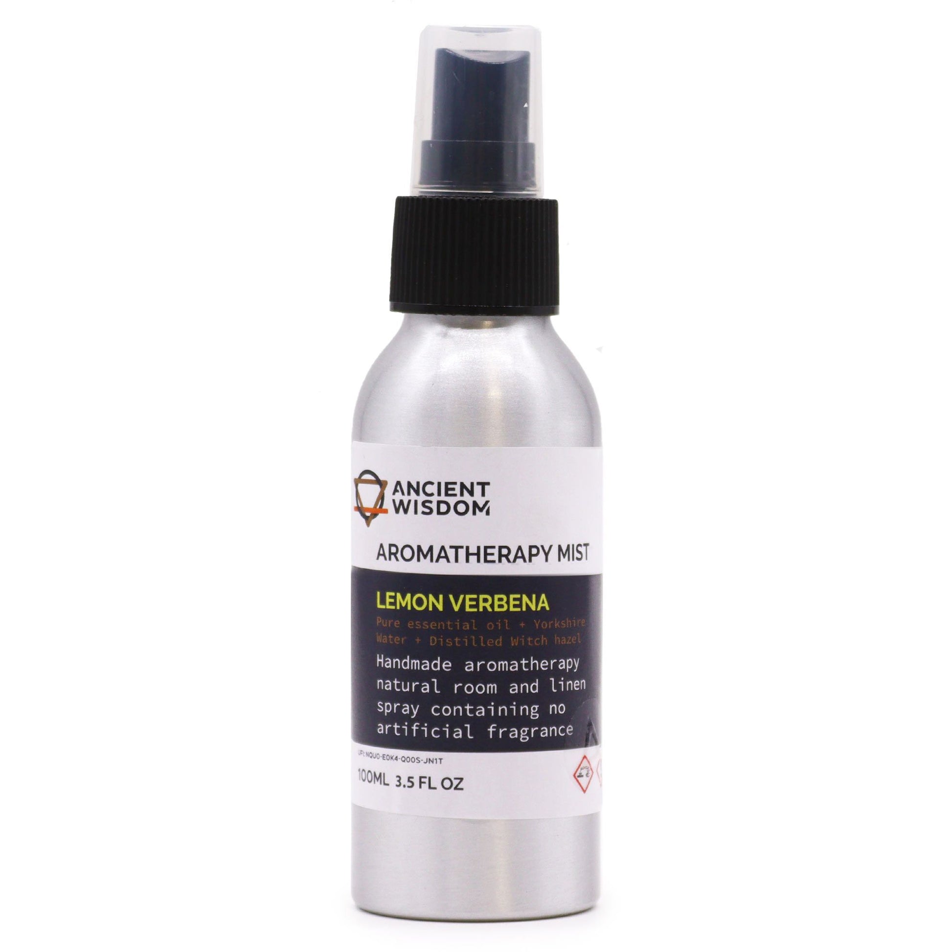 Bruma aromática de verbena de limón en frasco de metal plateado, 100 ml, sin fragancias artificiales.