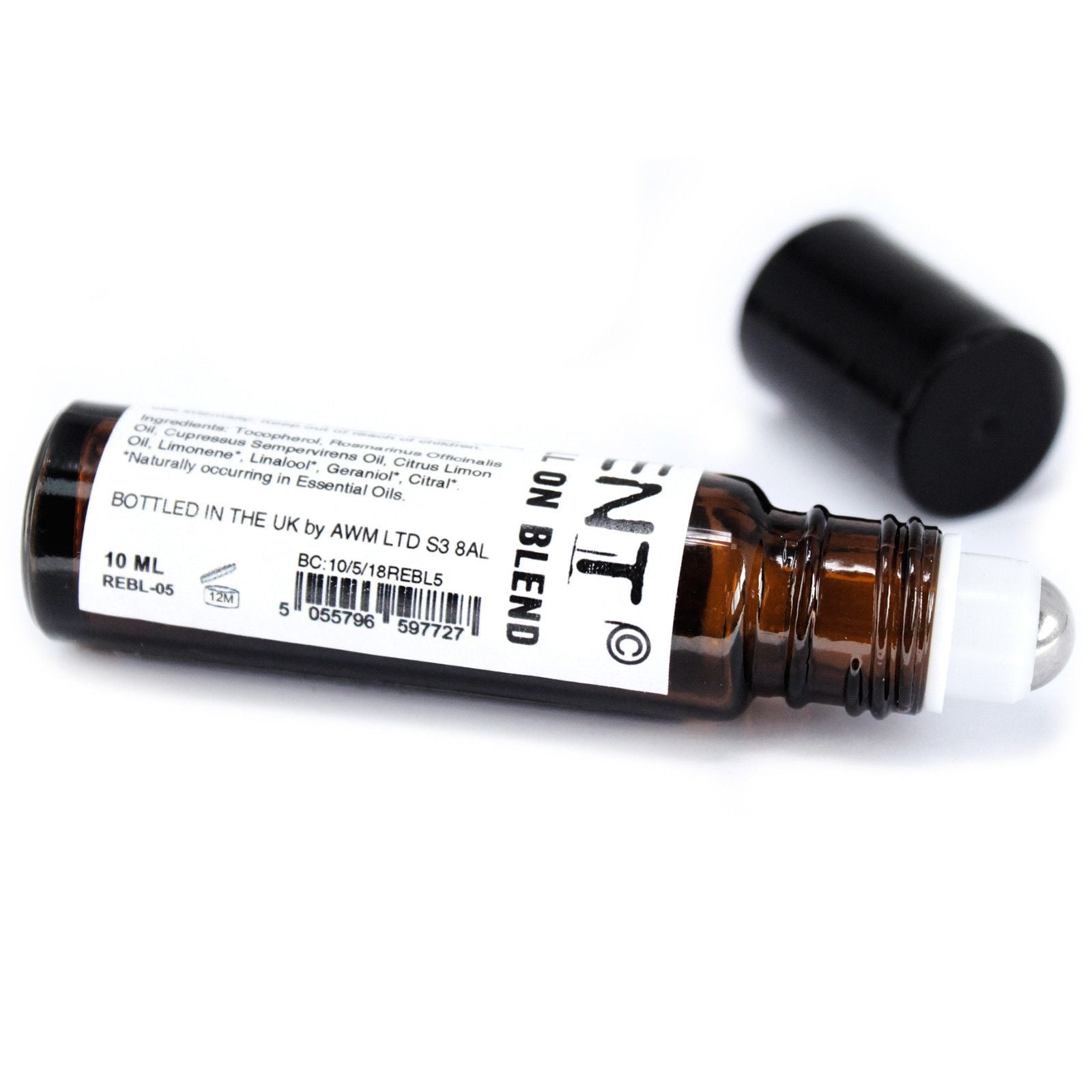 Aceite esencial roll-on mezcla de flores, 10 ml, frasco ámbar con tapa negra, estilo aromaterapia.
