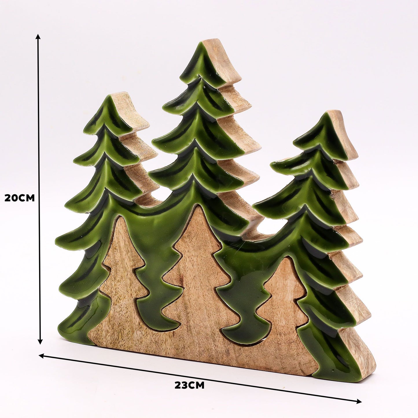 Adorno de madera y cerámica en forma de árboles verdes, 20 cm de alto y 23 cm de ancho. Ideal para decoración.