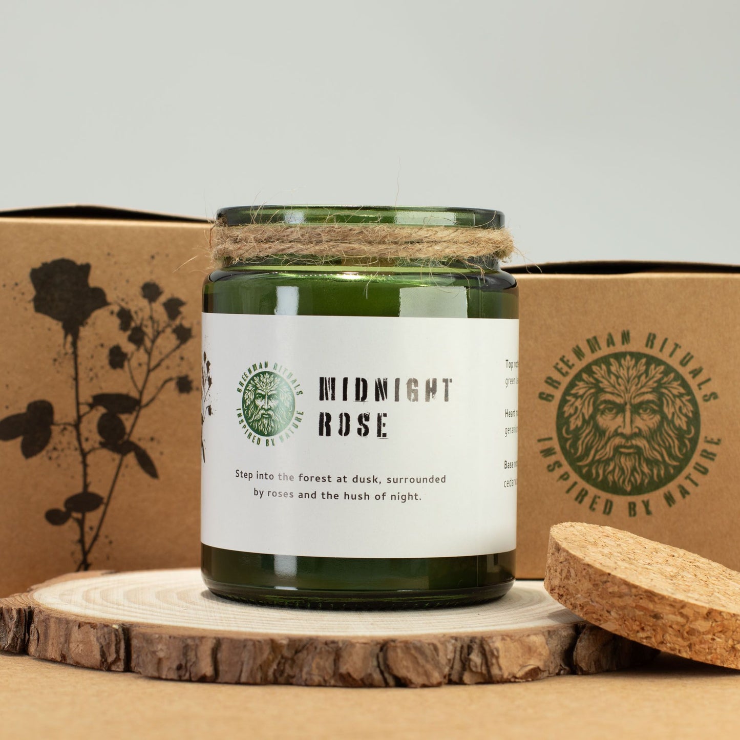 Velas de aromaterapia "Midnight Rose", frascos verdes de vidrio, decoración rústica con cuerda, fragancia floral.