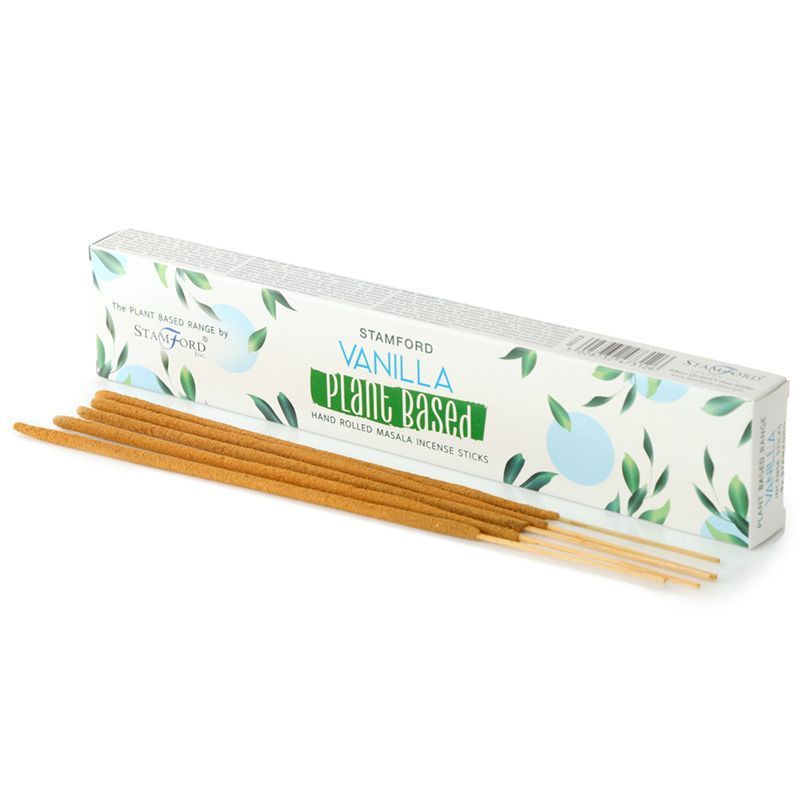Incienso de vainilla Stamford, palitos marrones, hecho a mano, caja blanca con diseño de hojas verdes.