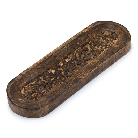 Tazón de madera tallada en color marrón oscuro con diseño floral, ideal para decoración y almacenamiento.