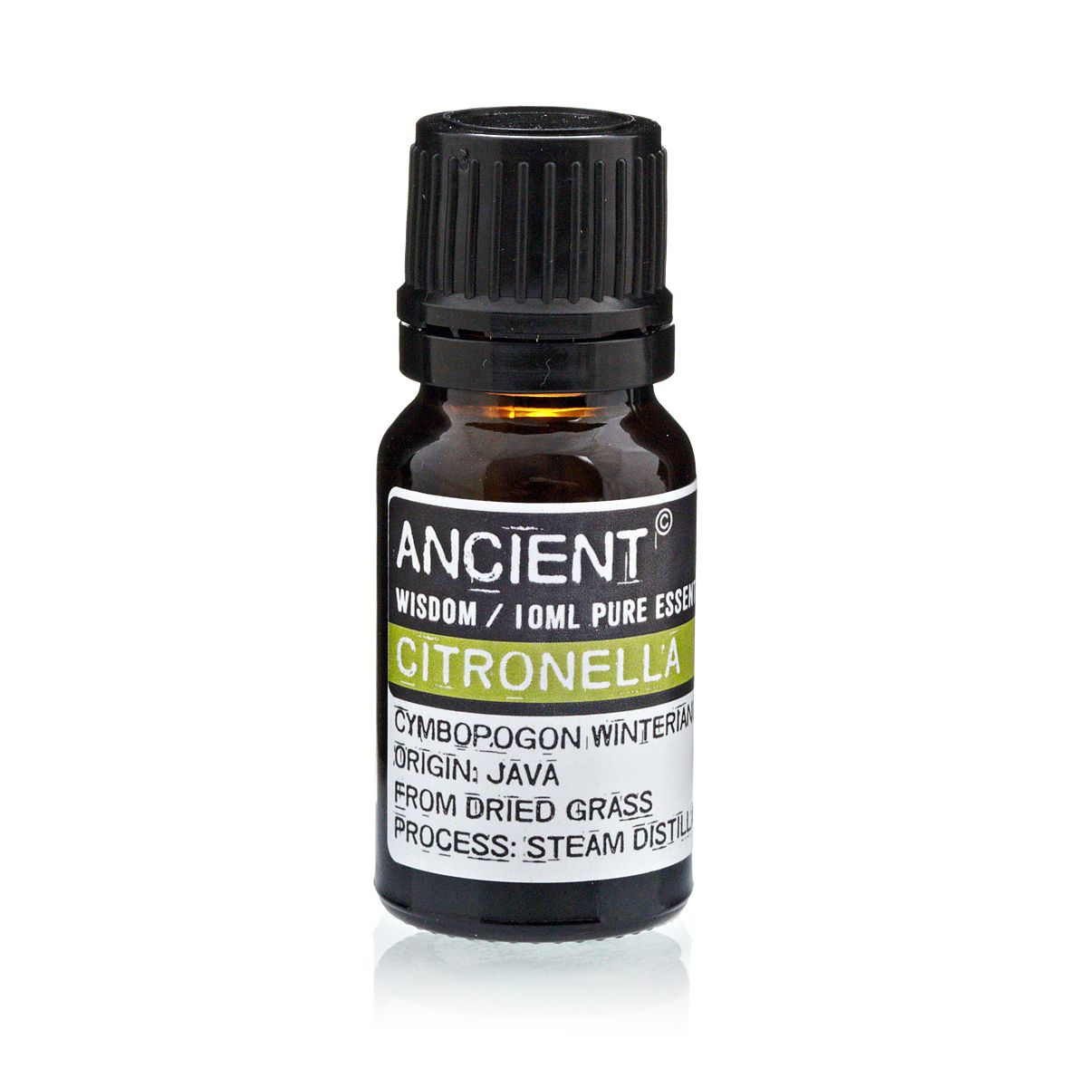 Aceite esencial de citronela Ancient, 10 ml, color ámbar, botella de vidrio, aroma fresco y natural.