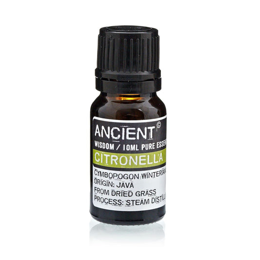 Aceite esencial de citronela Ancient, 10 ml, color ámbar, botella de vidrio, aroma fresco y natural.