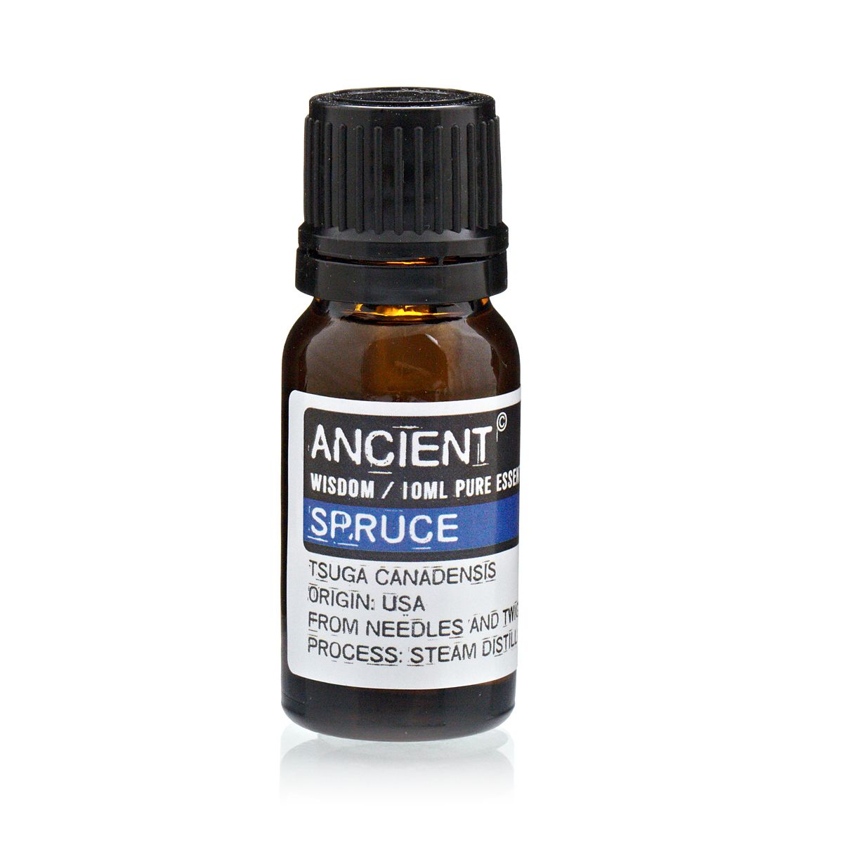 Aceite esencial de abeto, 10 ml, color ámbar, frasco de vidrio, destilado al vapor, aroma fresco y terroso.