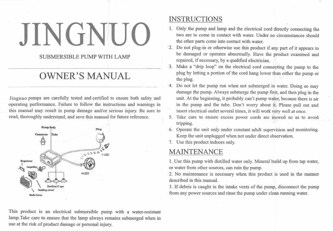 Manual de usuario en inglés para bomba sumergible Jingnuo con instrucciones de seguridad, mantenimiento y esquema.