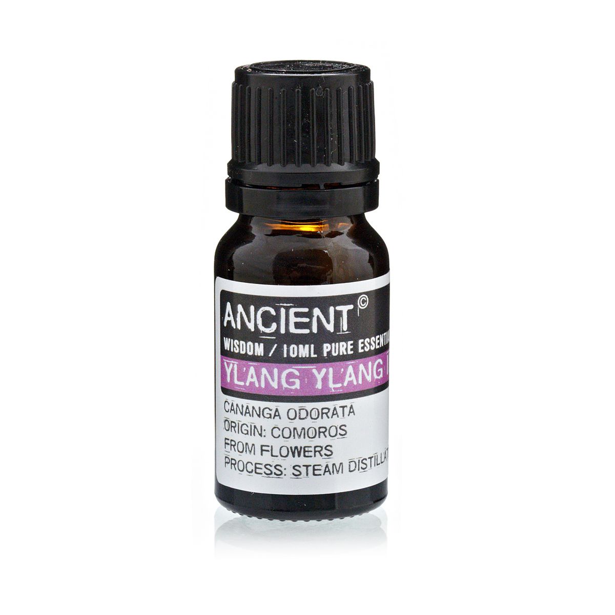 Aceite esencial de ylang ylang 10ml, color ámbar, envase de vidrio, aroma floral, destilado al vapor.