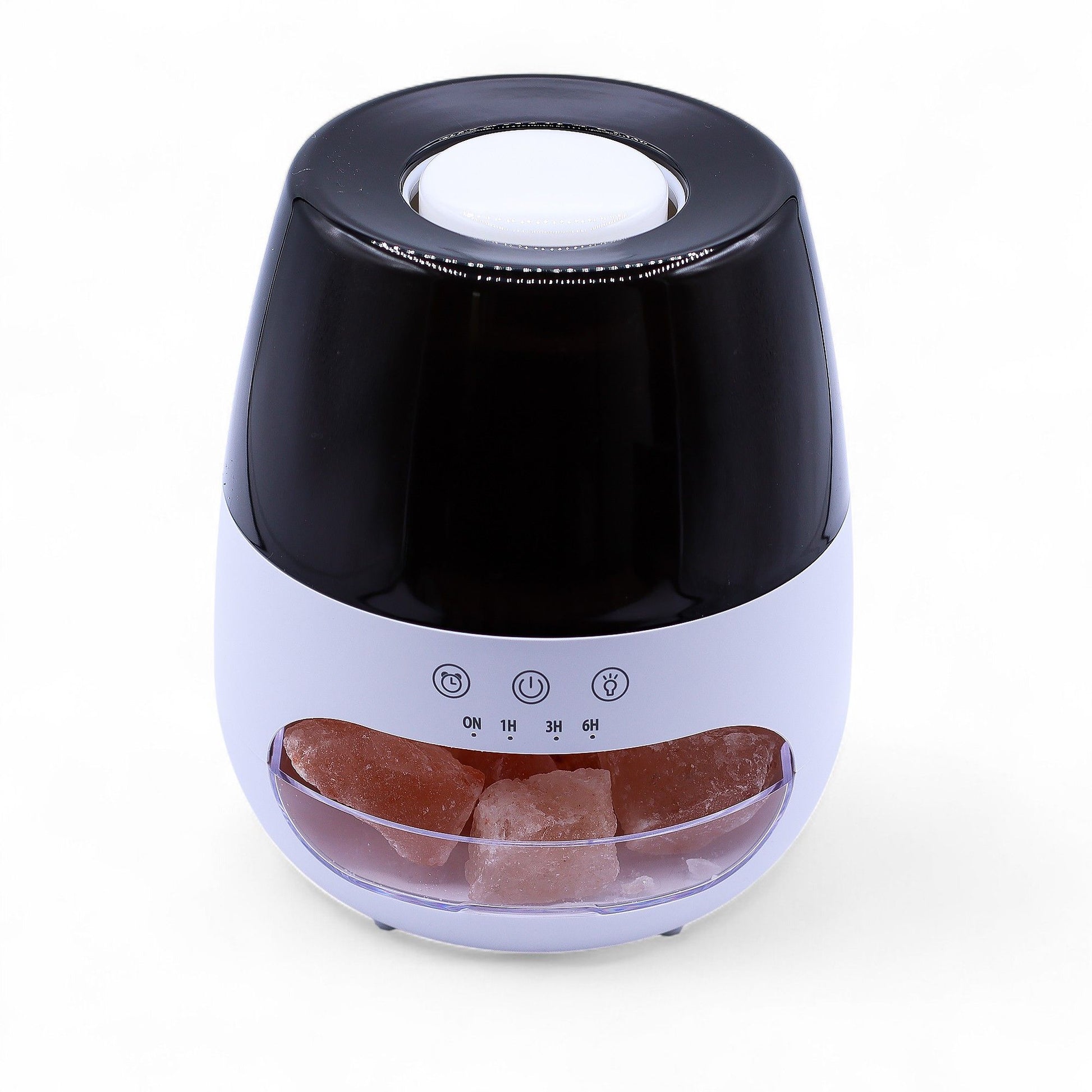 Difusor USB blanco y negro con compartimento frontal transparente que contiene piedras de sal rosa e iconos de control.