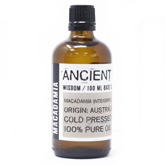 Aceite de macadamia 100% puro, 100 ml, botella ámbar, estilo vintage, origen Australia.