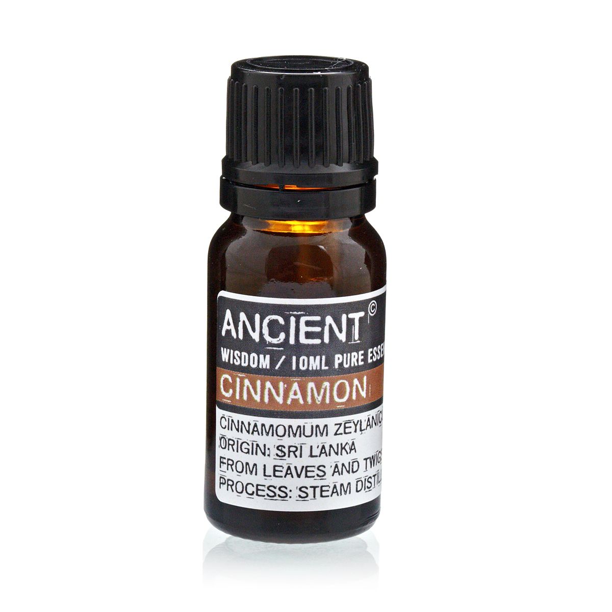 Aceite esencial de canela, 10 ml, de Sri Lanka, en frasco ámbar con tapa negra, estilo moderno y minimalista.