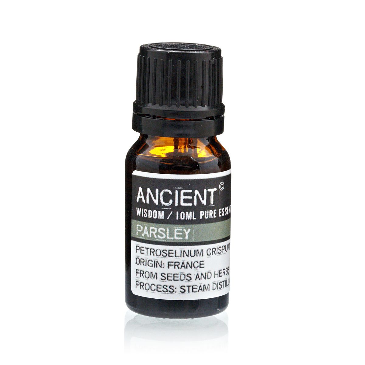 Aceite esencial de perejil puro 10ml, frasco ámbar, tapa negra, aromaterapia, origen: Francia.