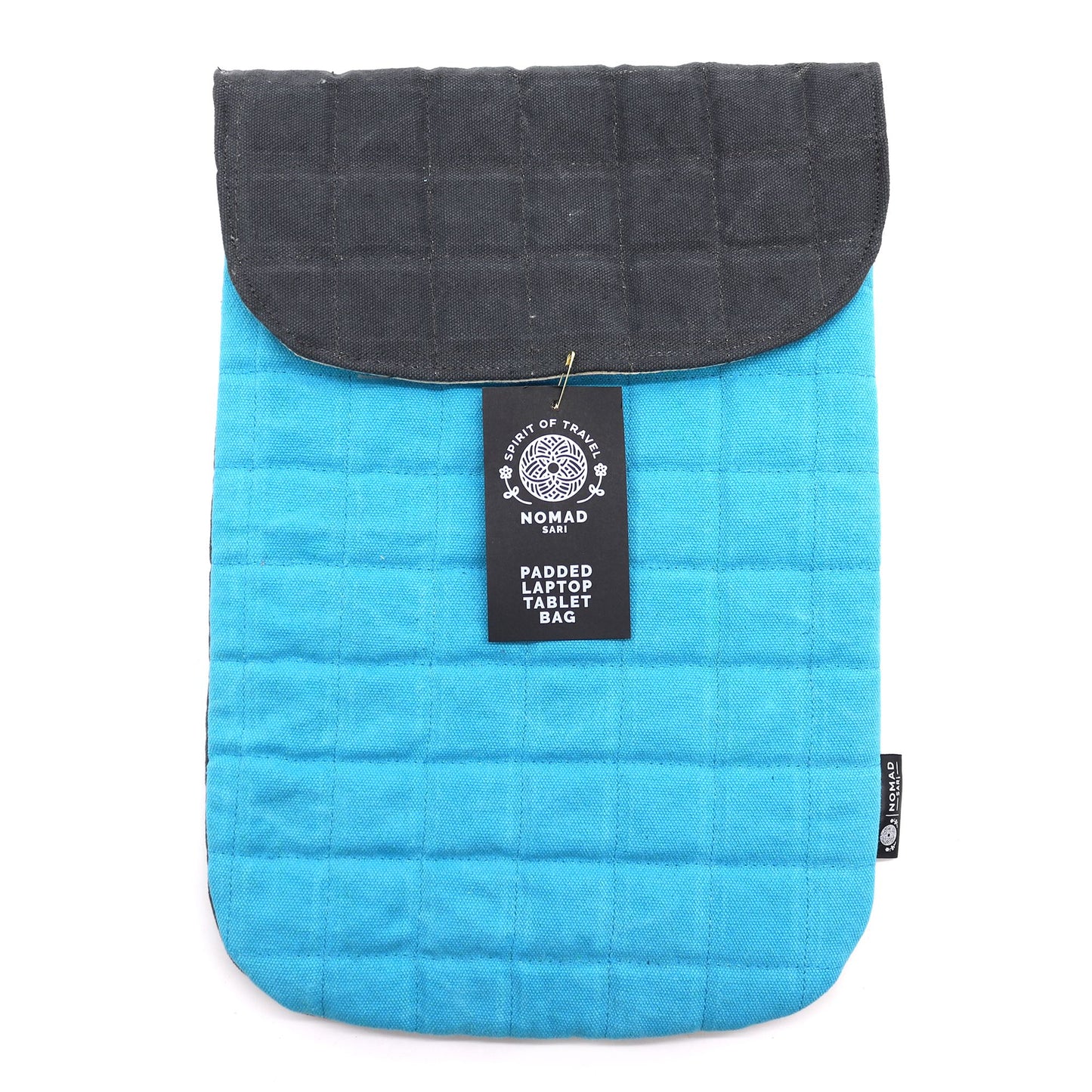 Bolso acolchado para tablet en azul turquesa con solapa negra, estilo moderno y práctico.