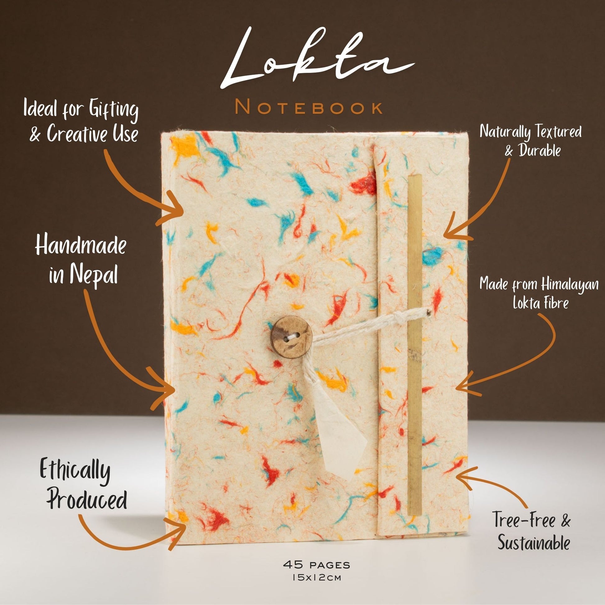Cuaderno artesanal en fibra Lokta, color crema con toques de azul y naranja, 45 páginas, sostenible y libre de ácido.