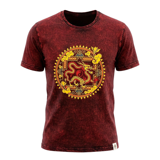 Nomad Sari Camiseta de algodón lavado a piedra - Mandala de Dragón - Granate - Mediano