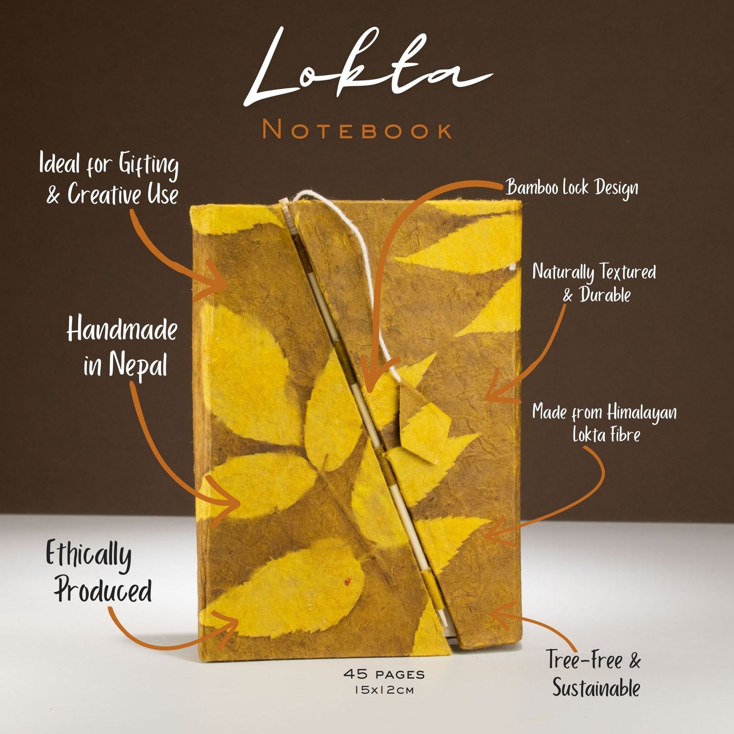 Cuaderno Lokta hecho a mano en Nepal, color amarillo con diseño de hojas, 45 páginas, sostenible y ético.