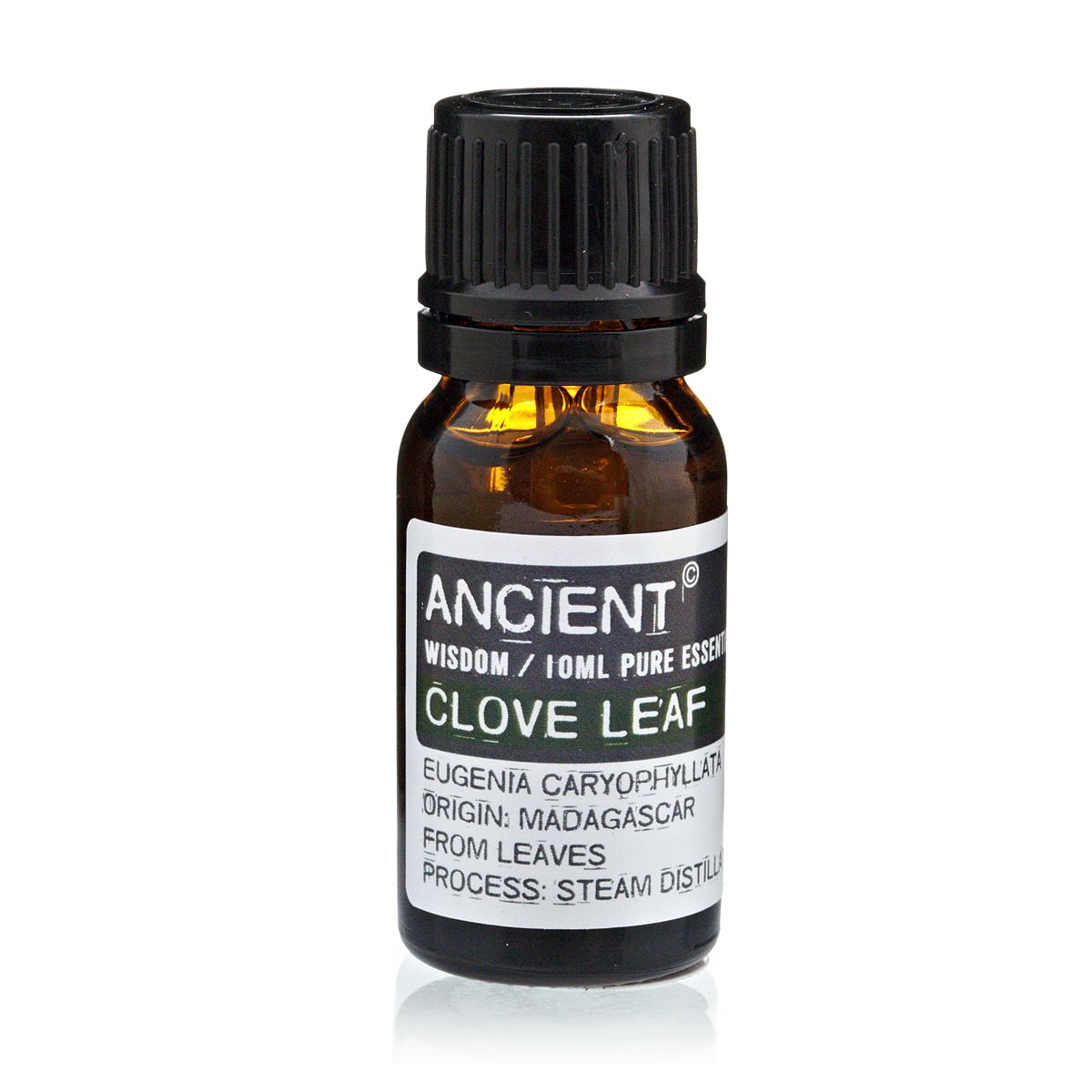 Aceite esencial de hoja de clavo, botella ámbar, 10 ml, origen Madagascar, destilado al vapor.
