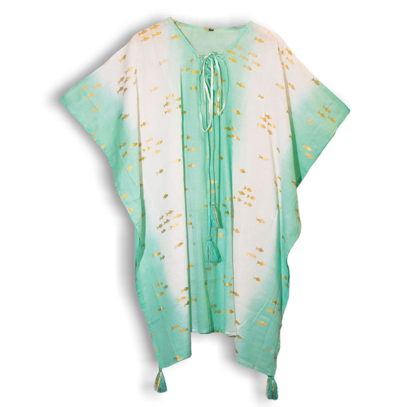Colección Nómada Sari Mediterráneo - Kaftan - Diseño de Peces en Blanco, Turquesa y Oro