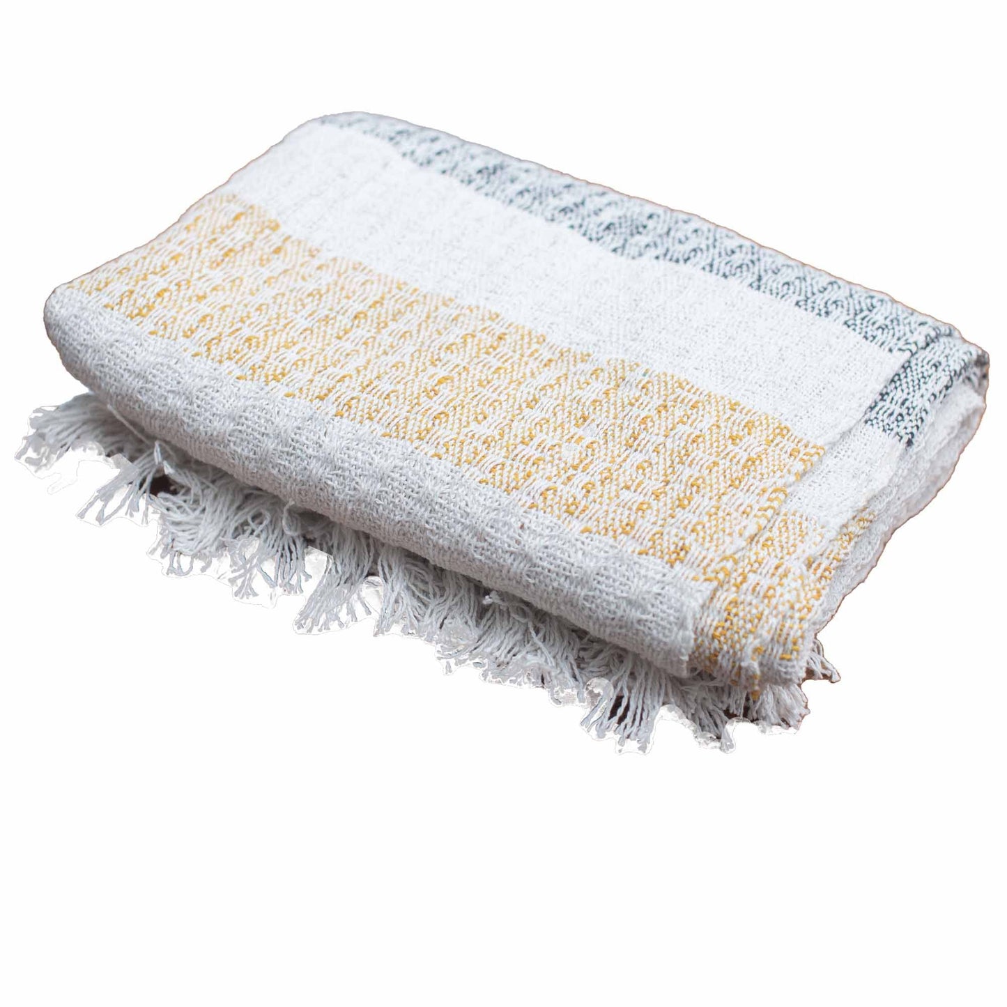 Toalla de algodón blanca con detalles en amarillo y gris, estilo bohemio, con flecos.