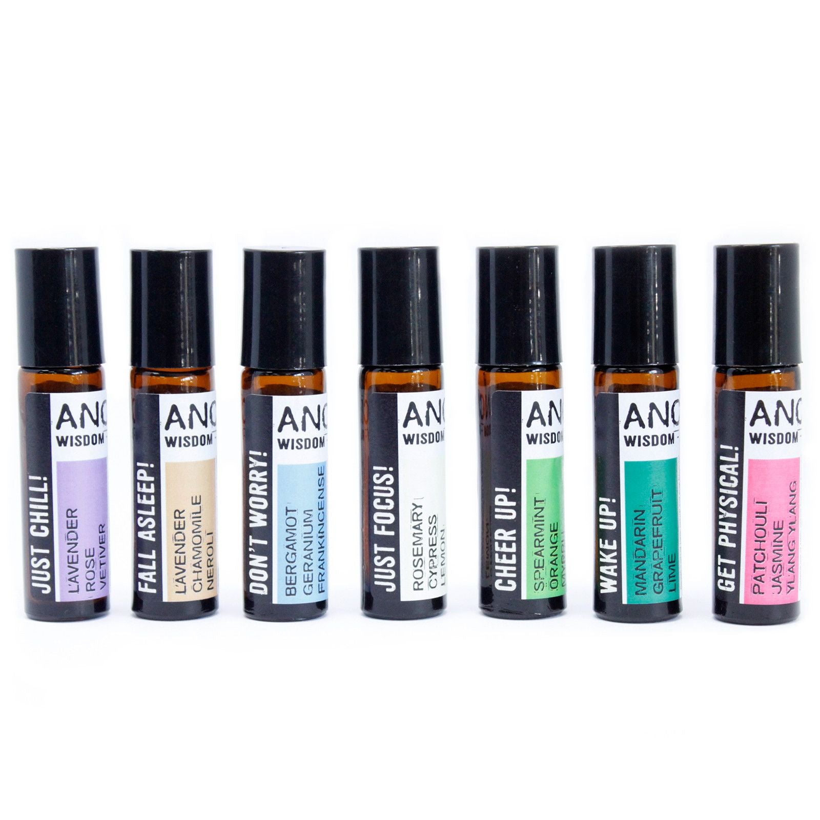 Aceites esenciales en frascos de vidrio color ámbar, 8 aromas: lavanda, bergamota, menta, romero y más.