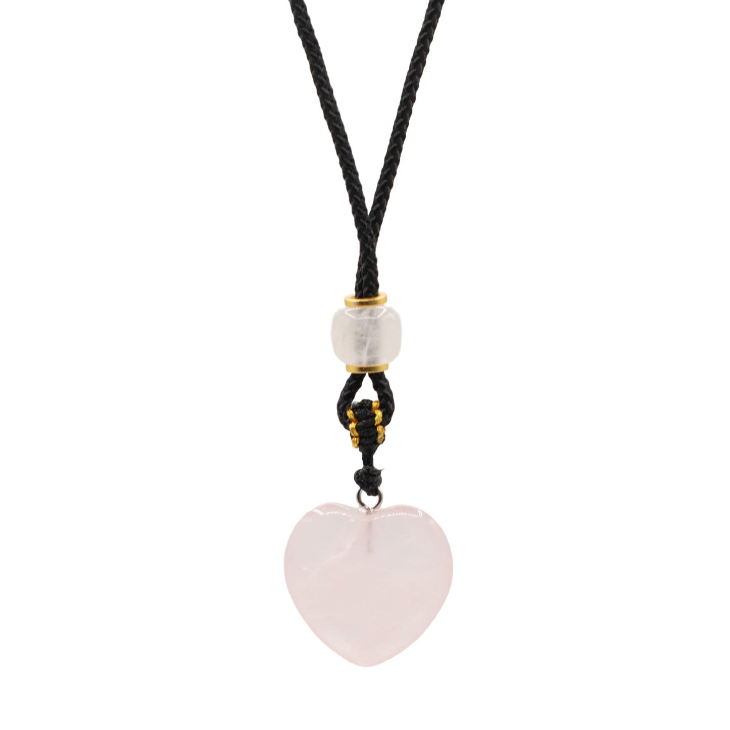 Collar de corazón de cuarzo rosa con cordón negro y cuentas doradas, estilo bohemio y moderno.