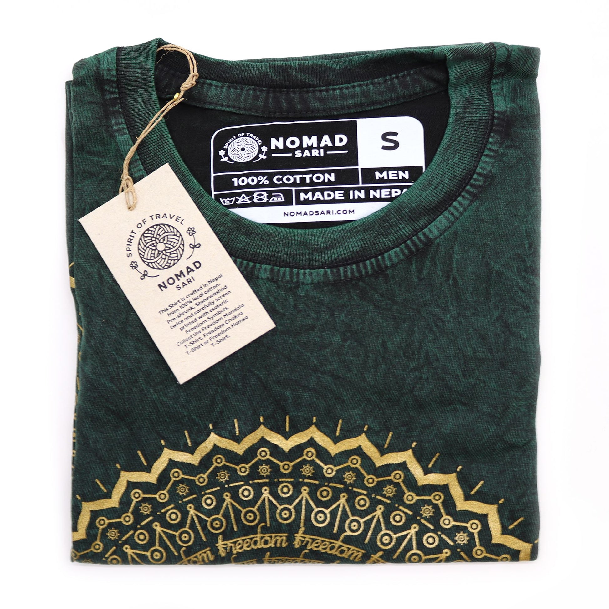 Camiseta verde de algodón 100% para hombre con estampado dorado, estilo bohemio, tamaño S, hecha en Nepal.